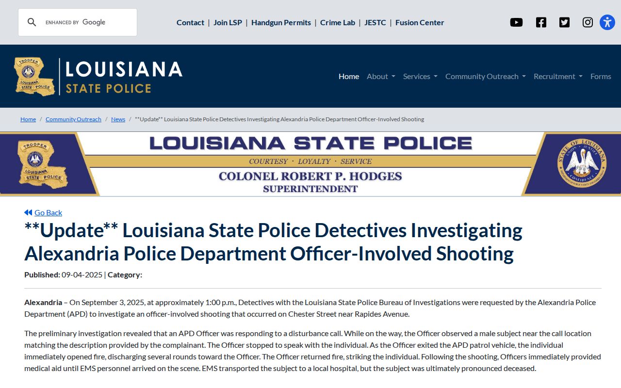 Louisiana State Police source for an Alexandria criminal investigation record