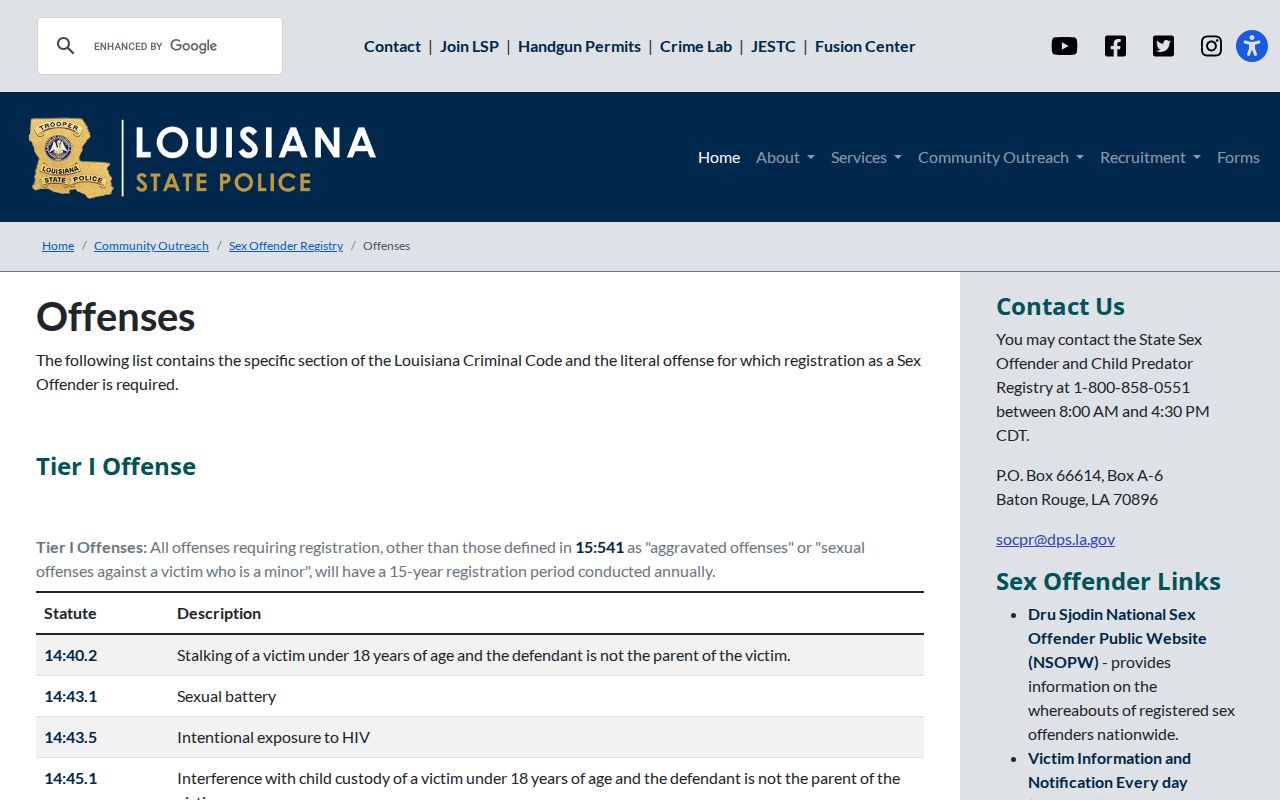 Rapides Parish sex offender registry tiers and offenses